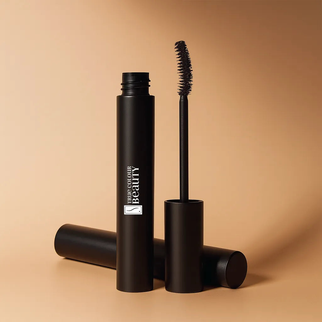 Black mascara with open cap on a beige background