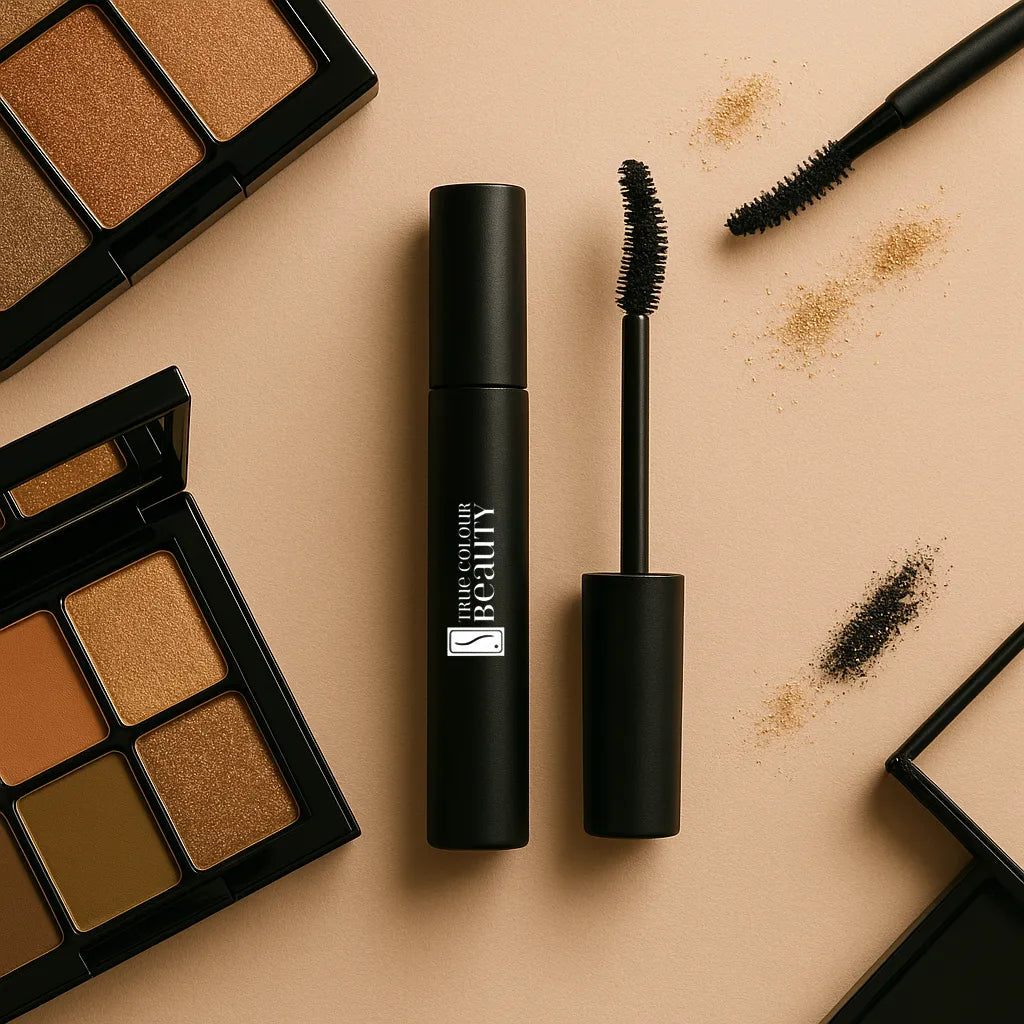 Makeup products including a mascara, eyeliner, and eyeshadow palette on a beige background.
