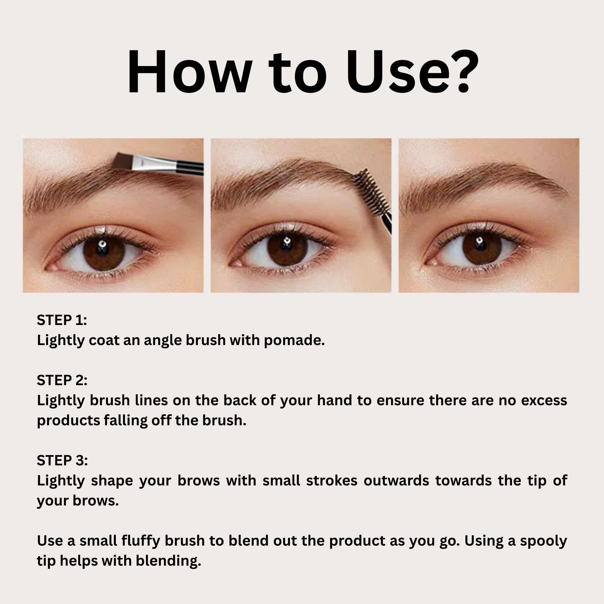 Instructions on how to use eyebrow product with step-by-step guide and close-up images.