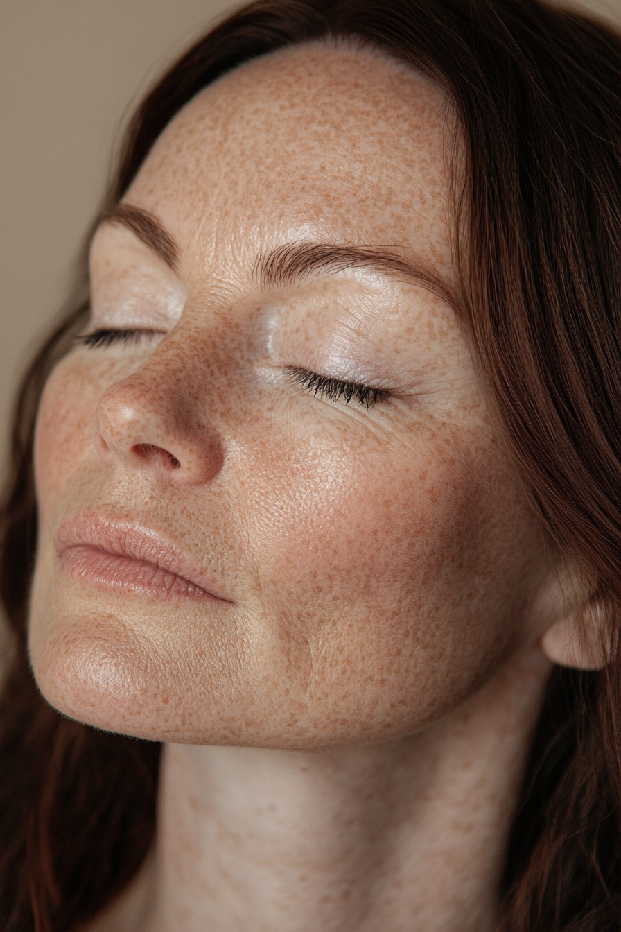 Close-up of a woman with freckles and closed eyes against a neutral background