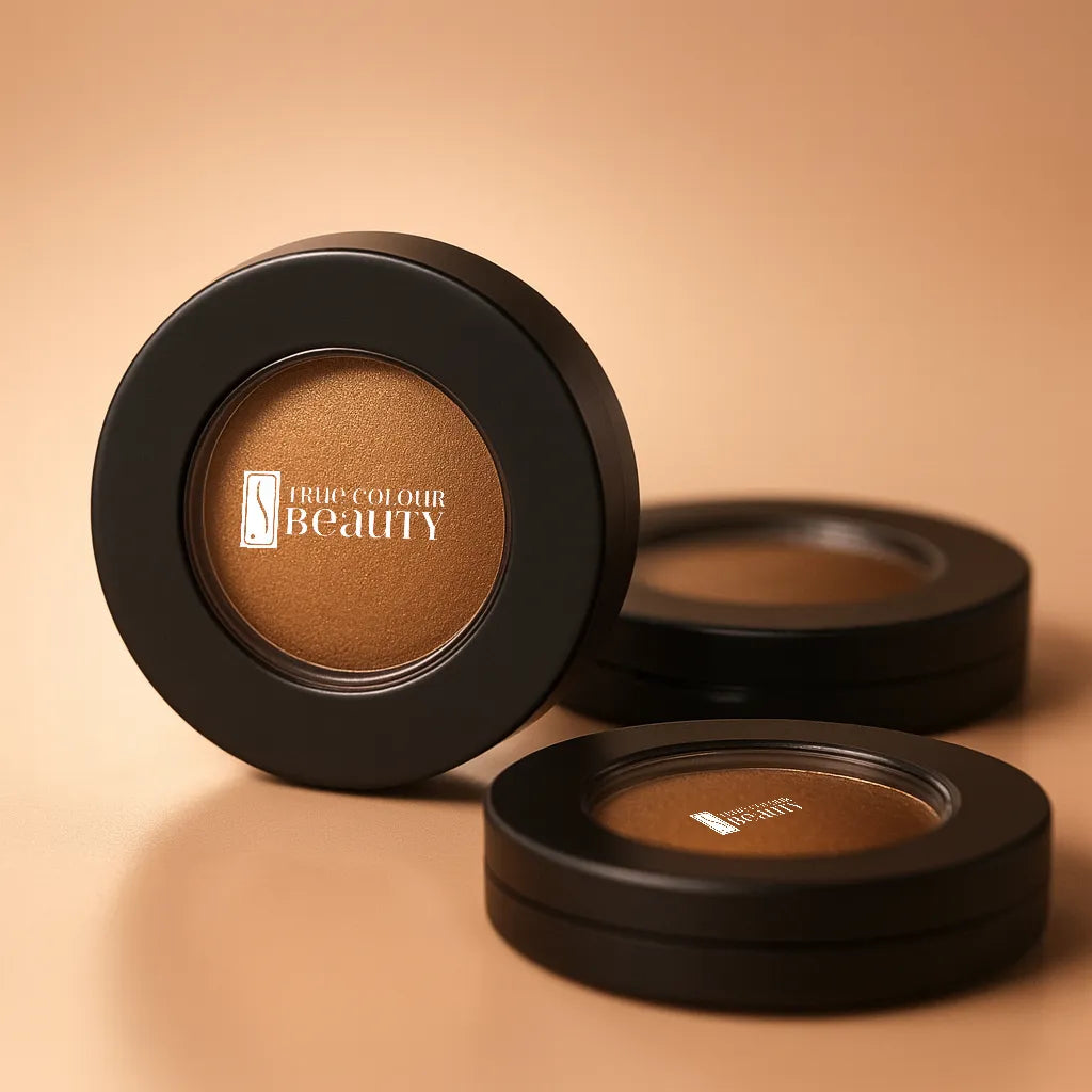True Colour Beauty makeup product with a brown shade on a beige background