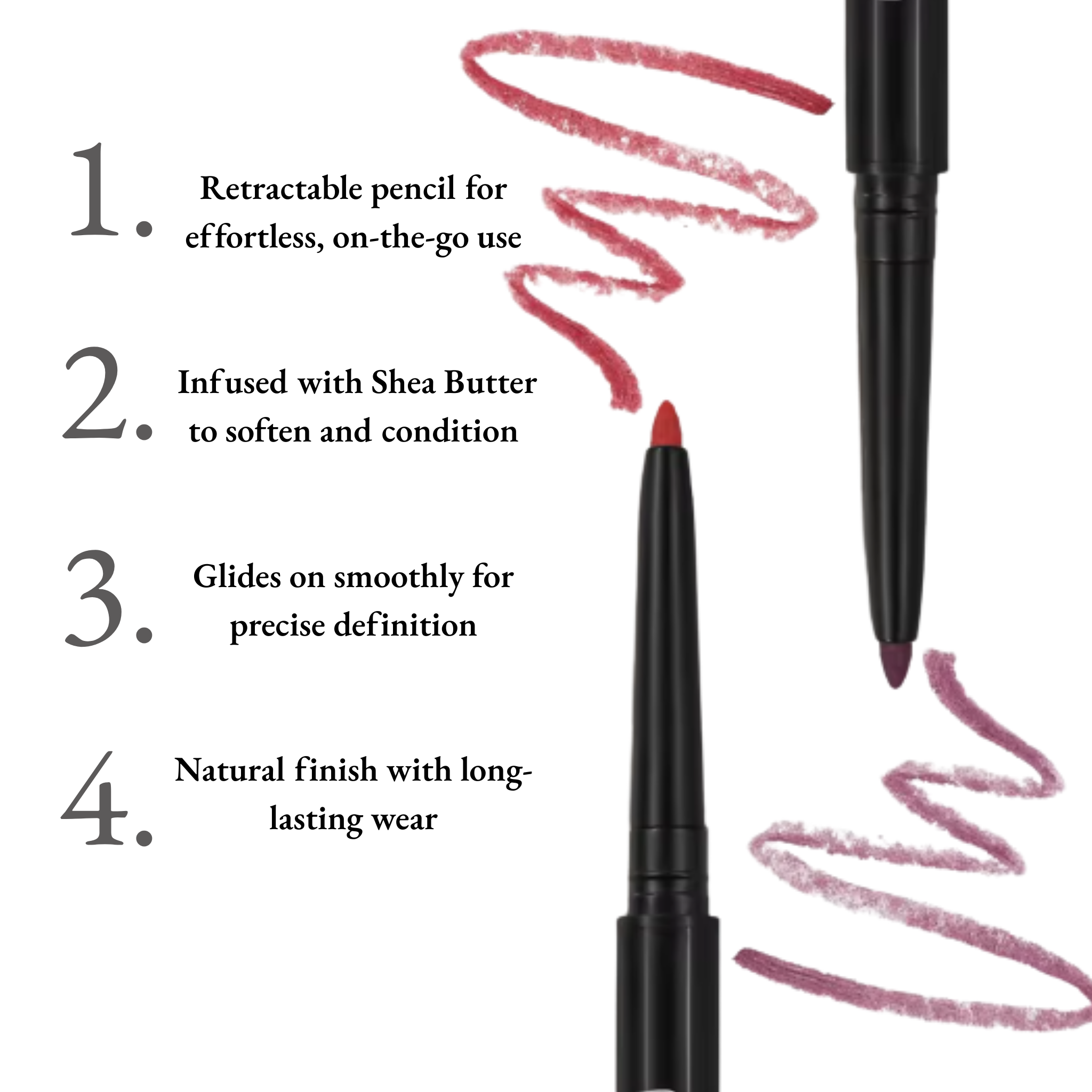 Retractable pencil with pink markings on a white background, featuring text about its features.