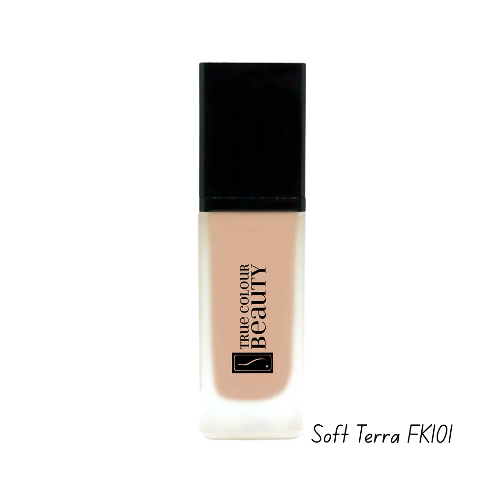 Foundation bottle with black cap and beige body on a white background