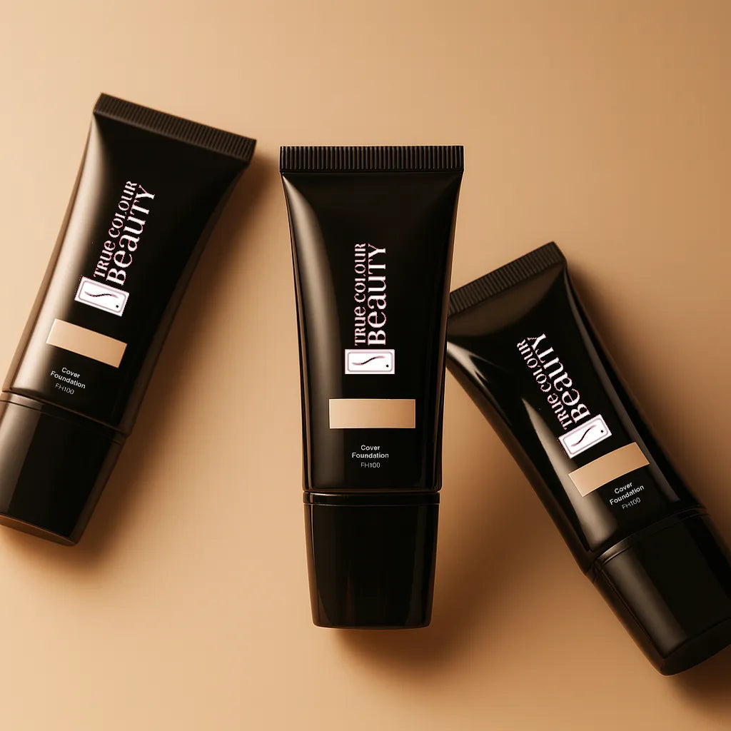Three tubes of 'The Colour Beauty' foundation on a beige background