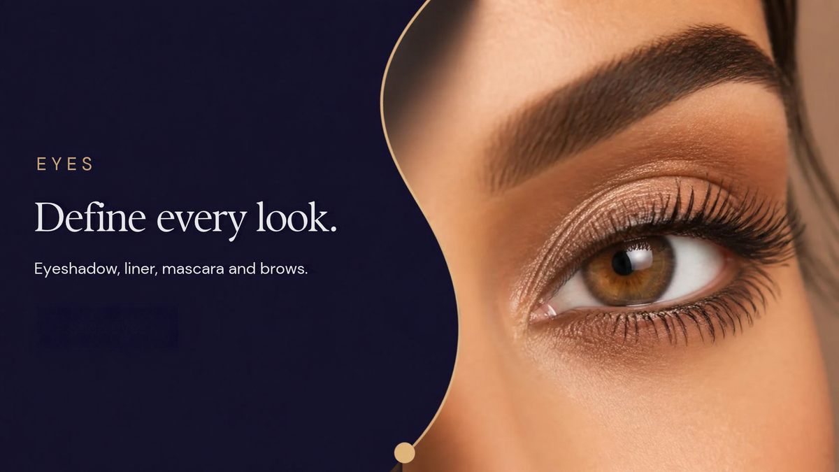 Close-up beauty ad showing a woman's eye with defined brown eyeshadow, long lashes, and a shaped eyebrow.