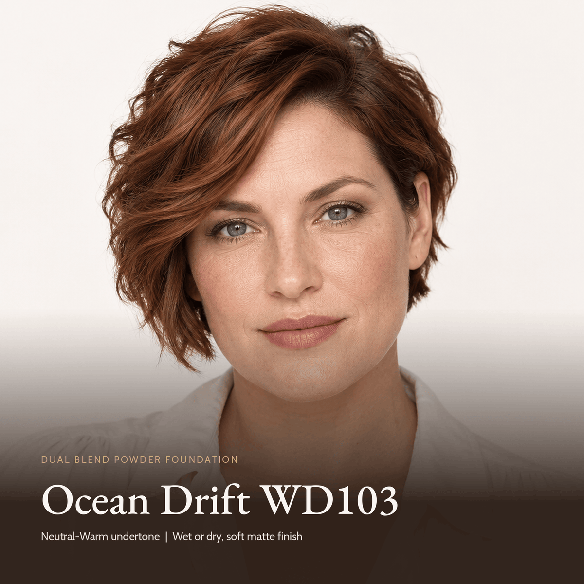 Model wearing Dual Blend Powder Foundation in Ocean Drift WD103