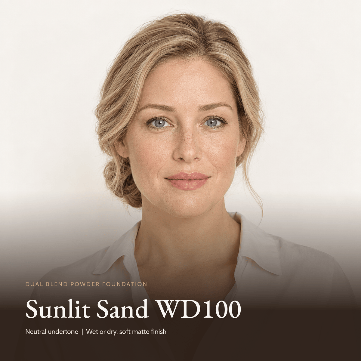 Model wearing Dual Blend Powder Foundation in Sunlit Sand WD100