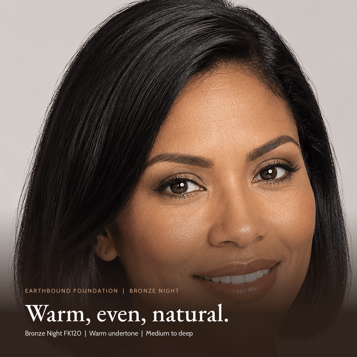 Close-up of model for Earthbound Liquid Foundation in Bronze Night
