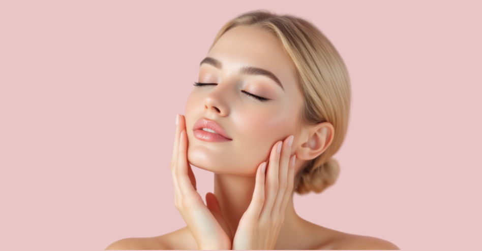 Woman touching her face against a pink background