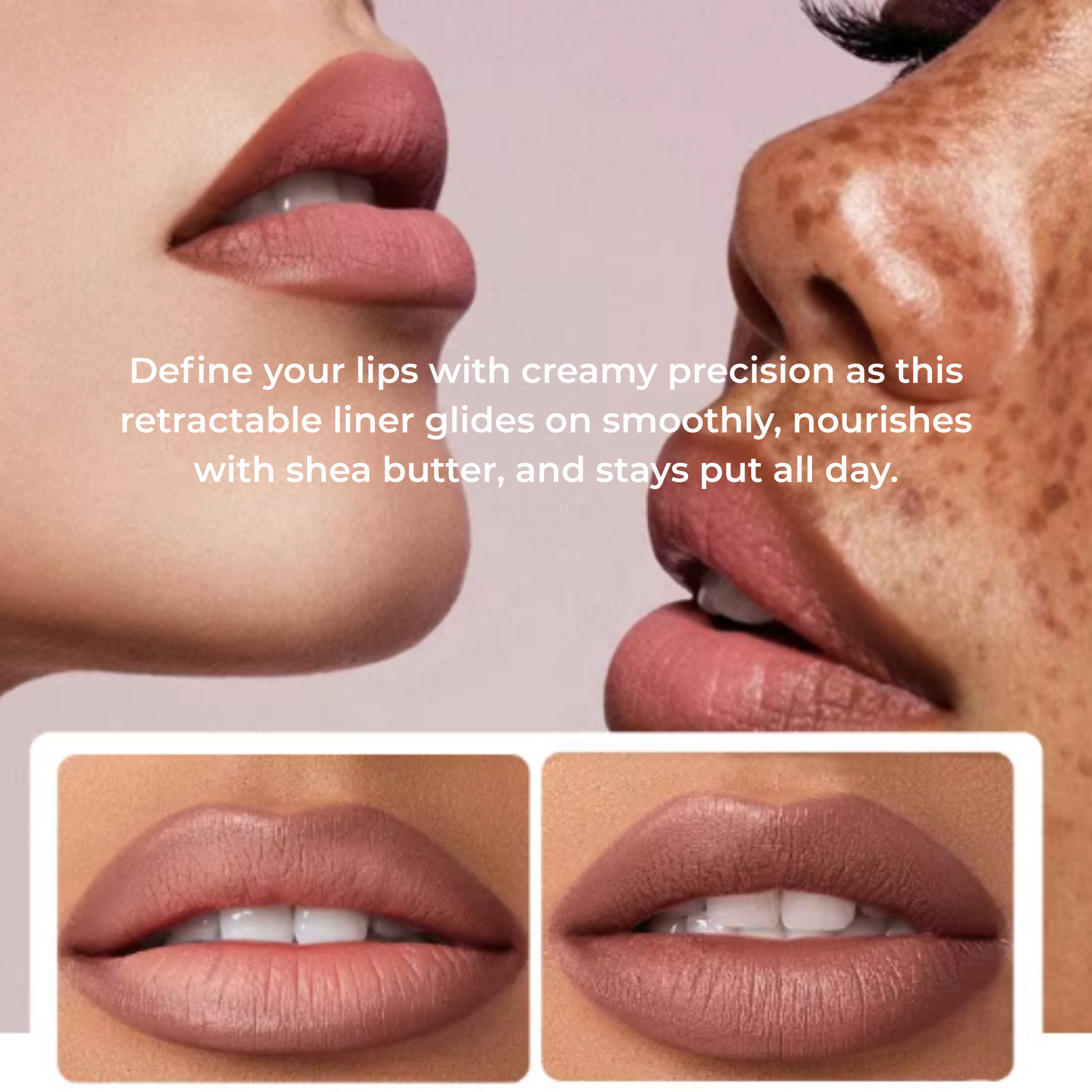 Lipstick application on lips with text describing product features.
