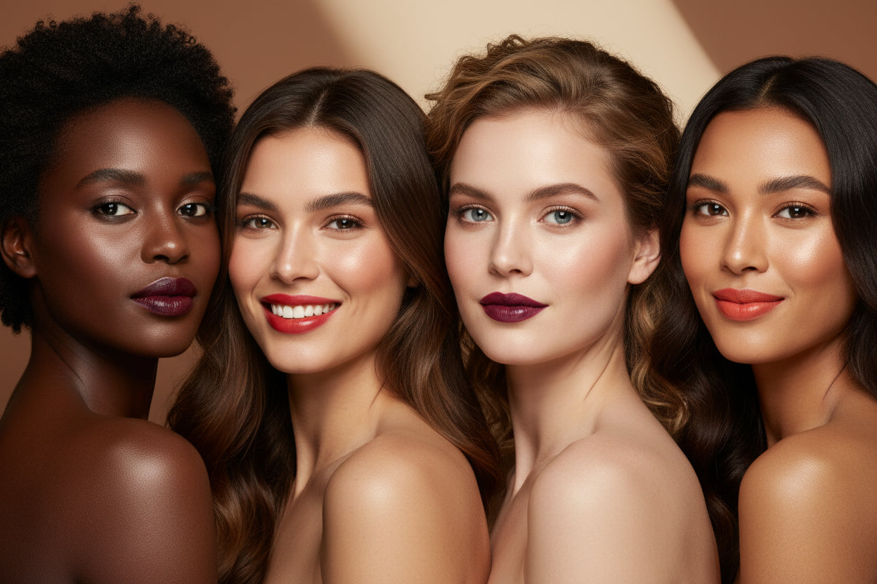 Four women in white tank tops posing together against a beige background