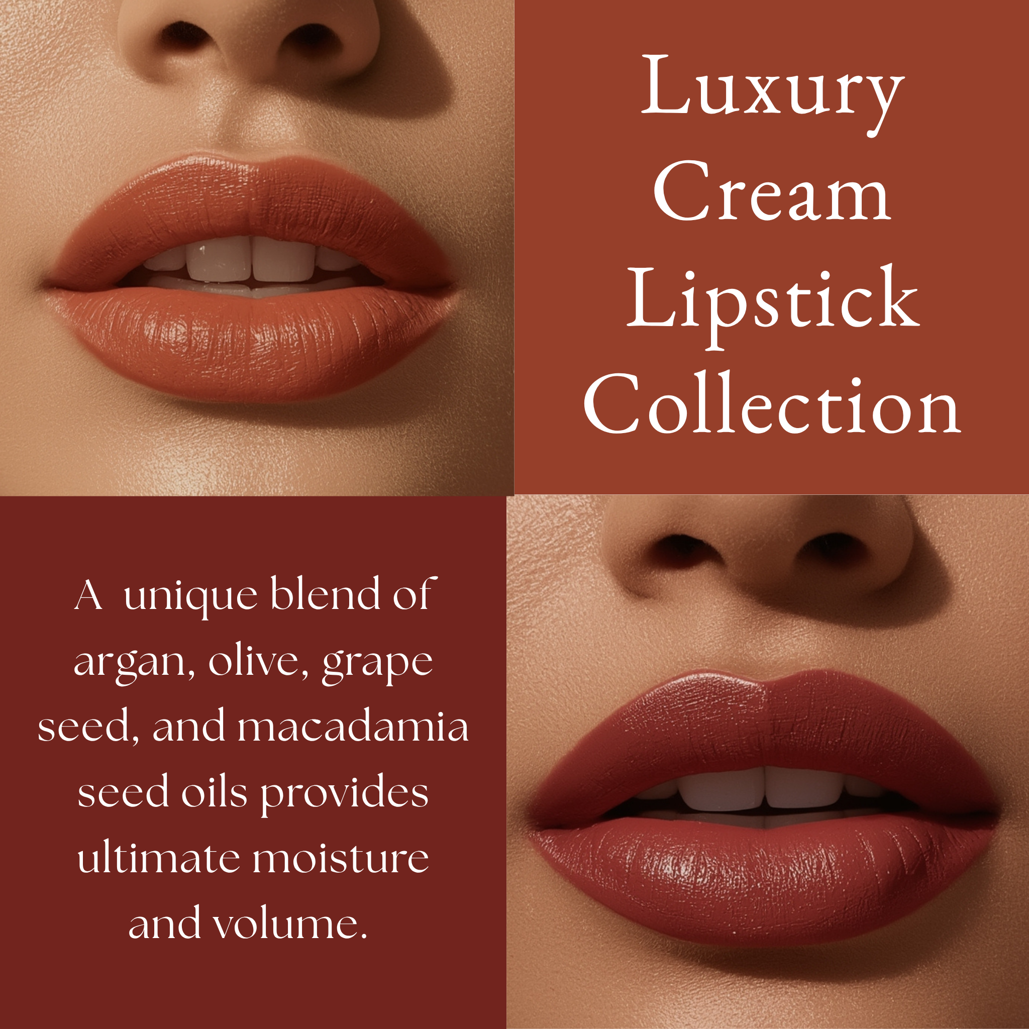 Lipstick advertisement with close-up of lips wearing a red lipstick and text about luxury cream lipstick collection.