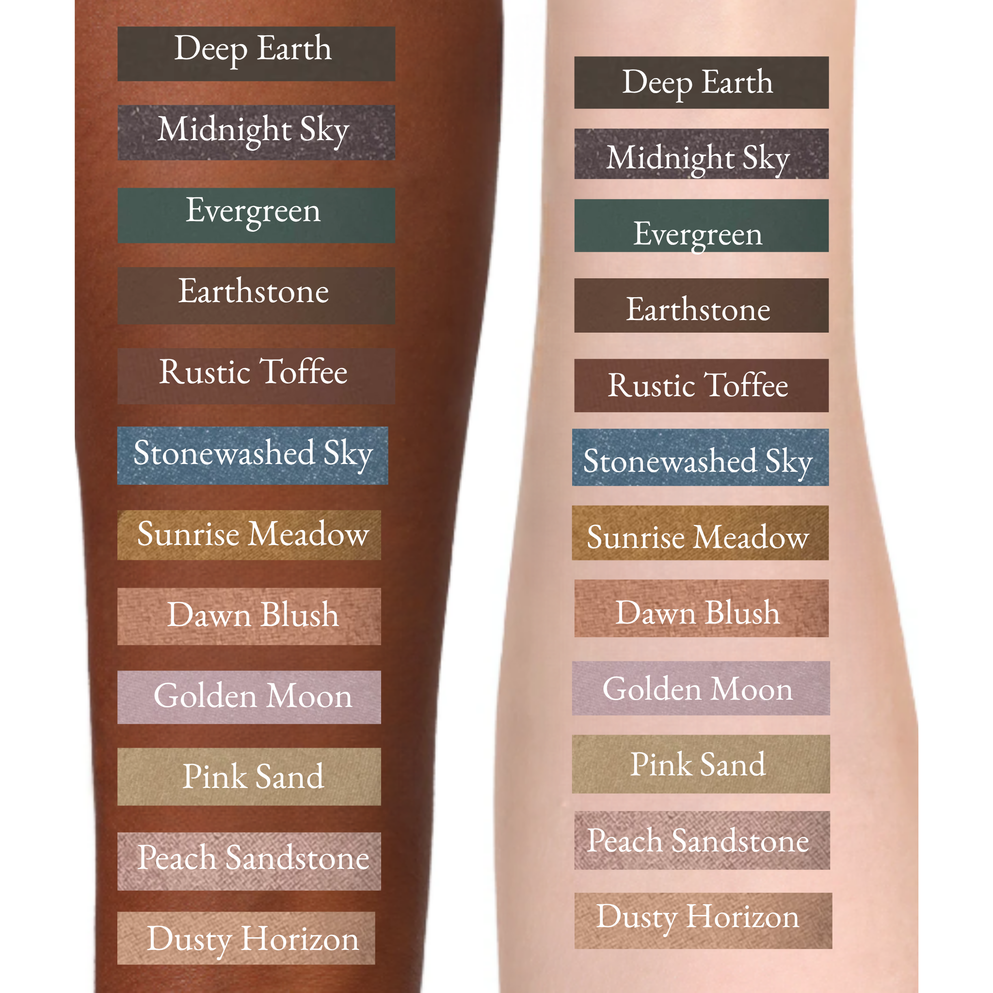 Color swatches on a brown and beige background with color names.