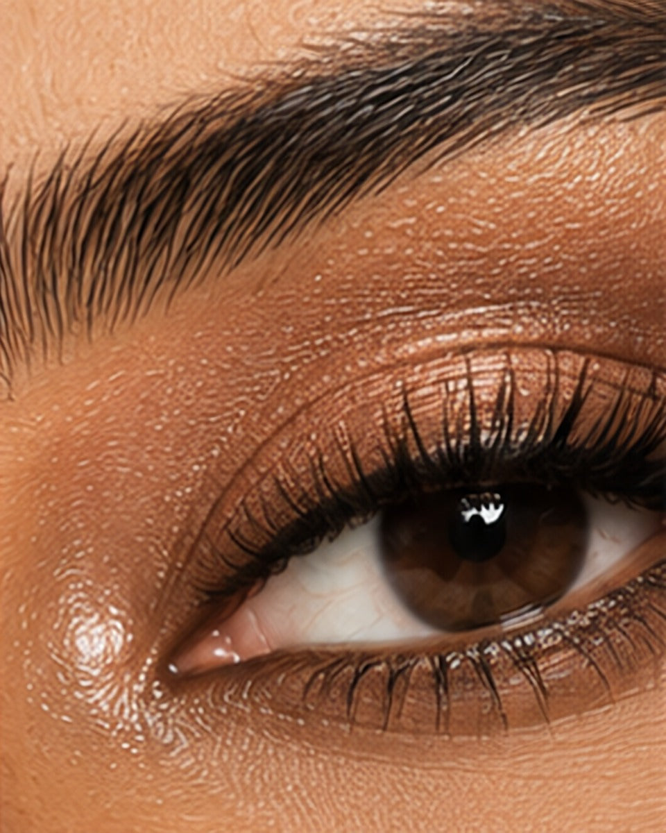 Eye makeup: bronze shimmer eyeshadow and defined lashes
