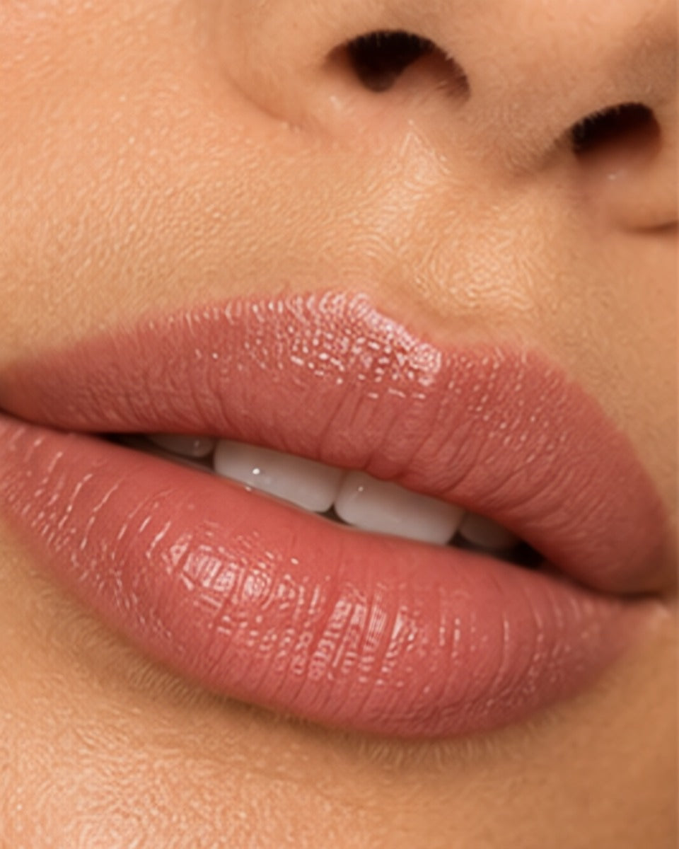 Lip makeup: satin rose lipstick close-up