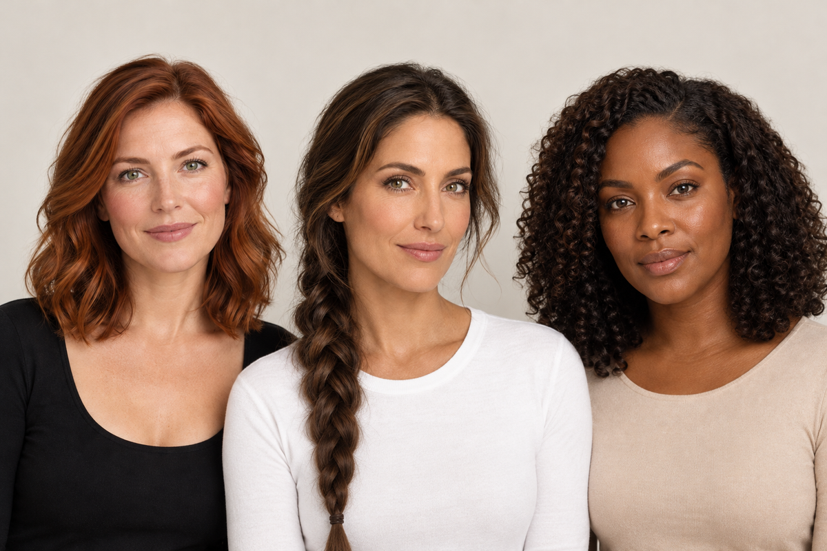 Three women with light, medium and deep skin tones wearing True Colour Beauty foundation for a smooth, natural finish.