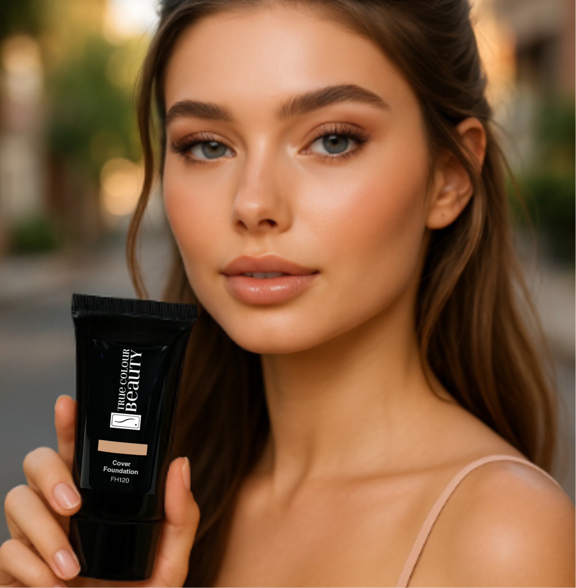 Woman holding a LORAC product with a blurred outdoor background