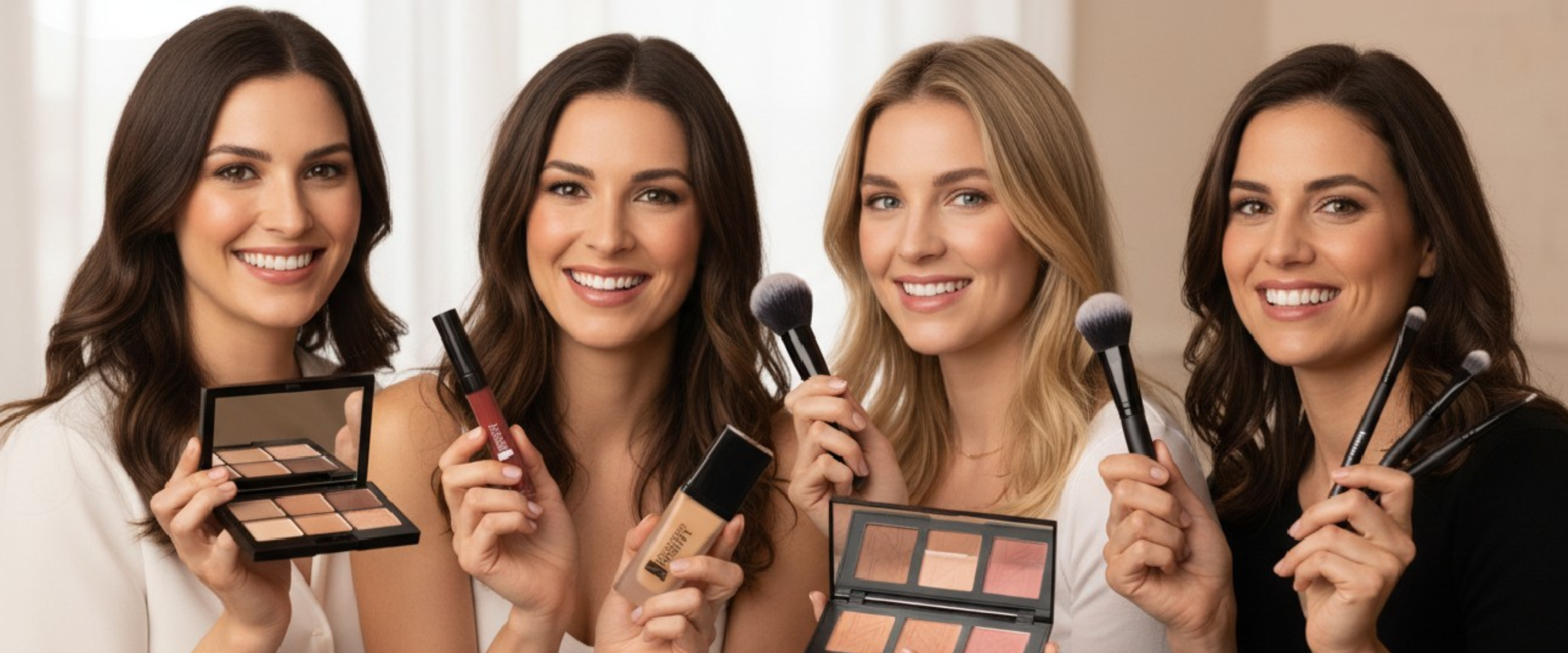 Four women holding makeup products and tools against a neutral background