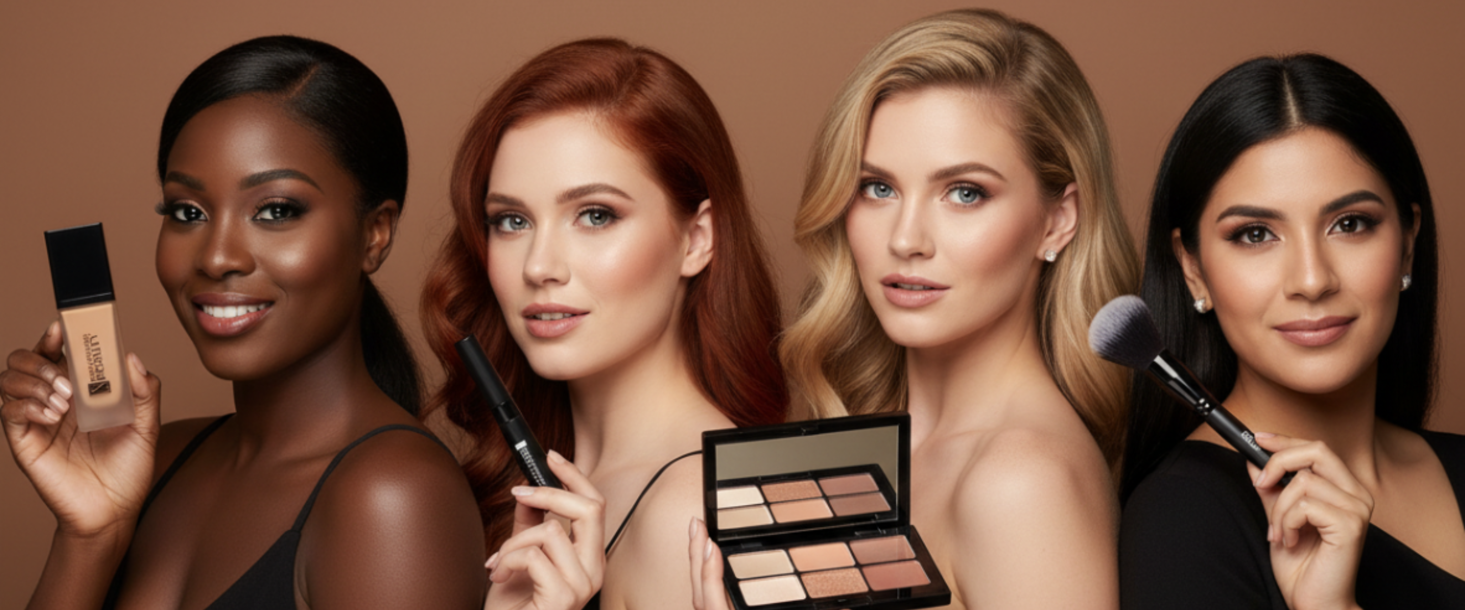 Four women holding makeup products against a brown background