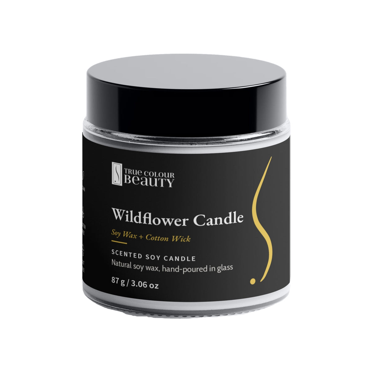 Wildflower Candle in a glass jar with black lid, natural soy wax