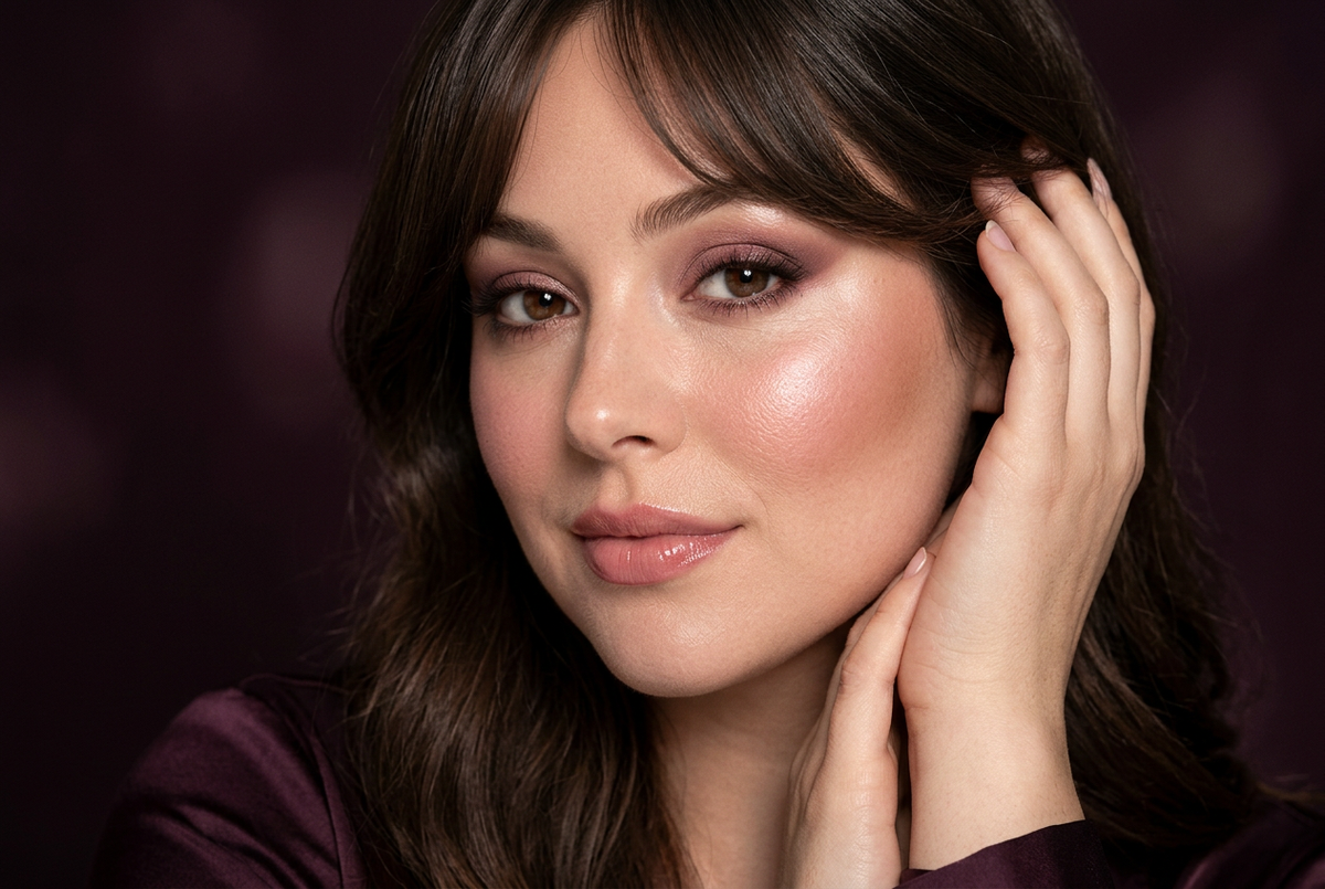 Three-quarter portrait showing rosy blush, subtle bronzer, and highlighted cheekbones.