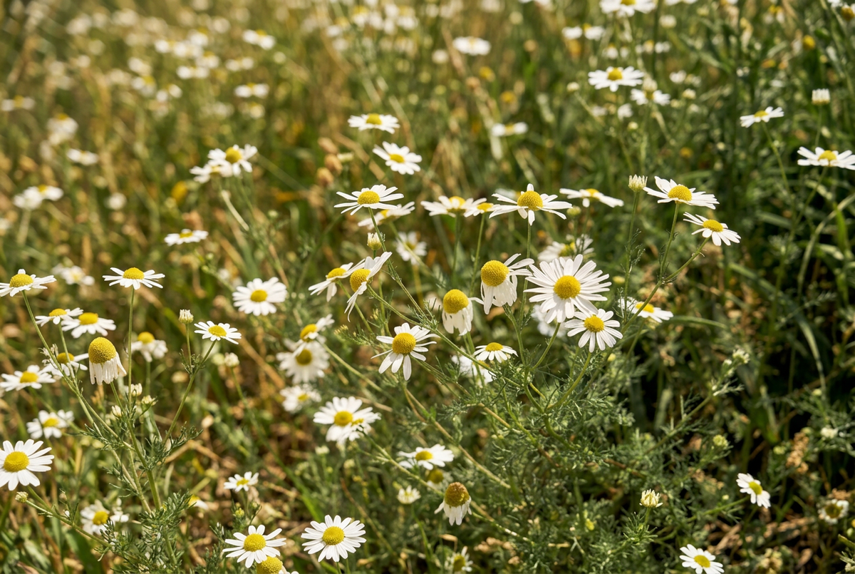 White chamomile flowers with yellow centers among delicate green stems and feathery leaves.