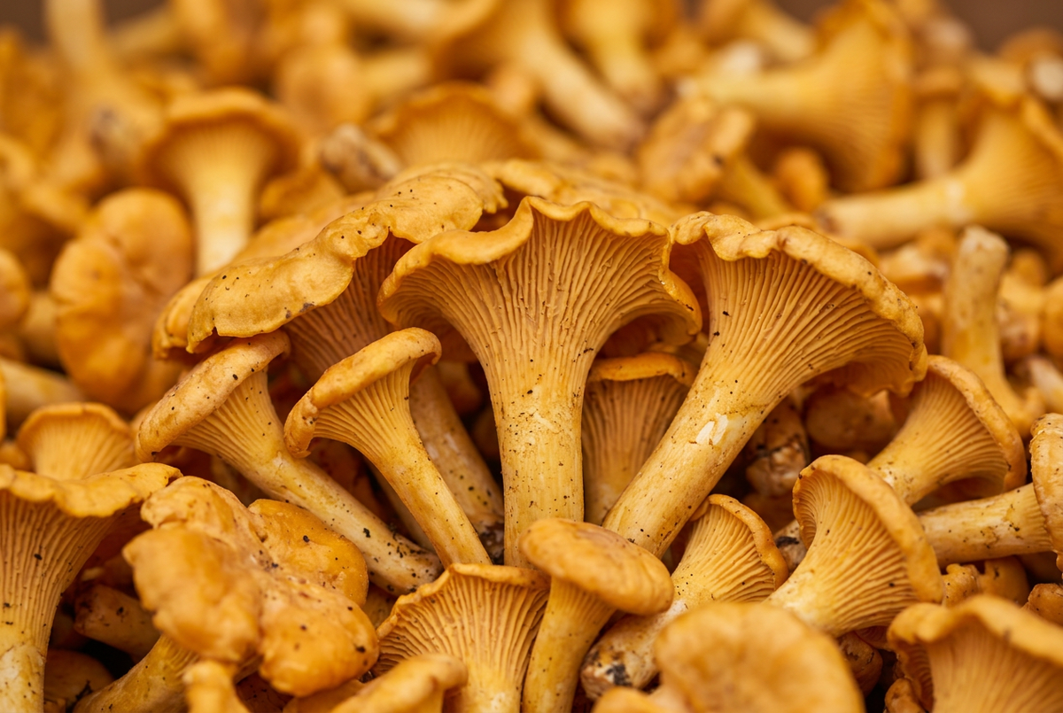 Golden chanterelle mushrooms with wavy caps and ridged stems.