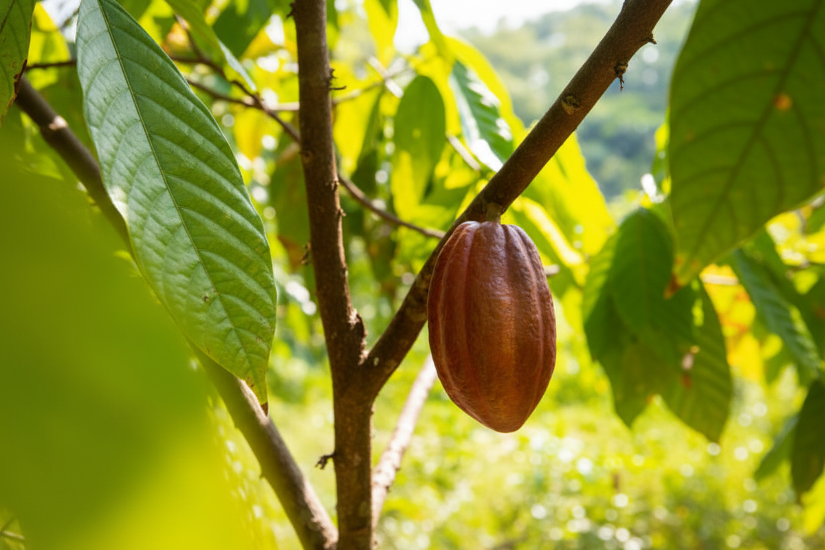 cocoa pod on the branch with lush green foliage
