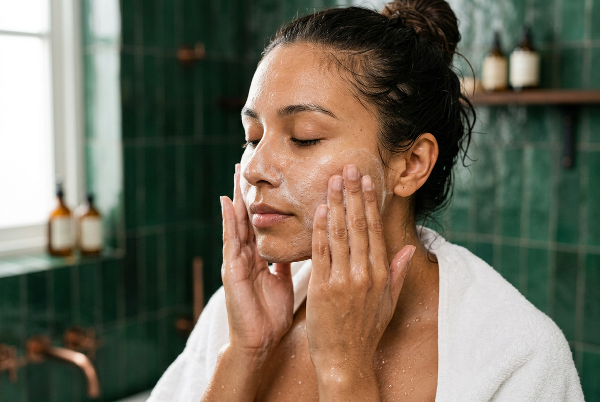 Woman massaging creamy cleanser foam over her damp cheeks