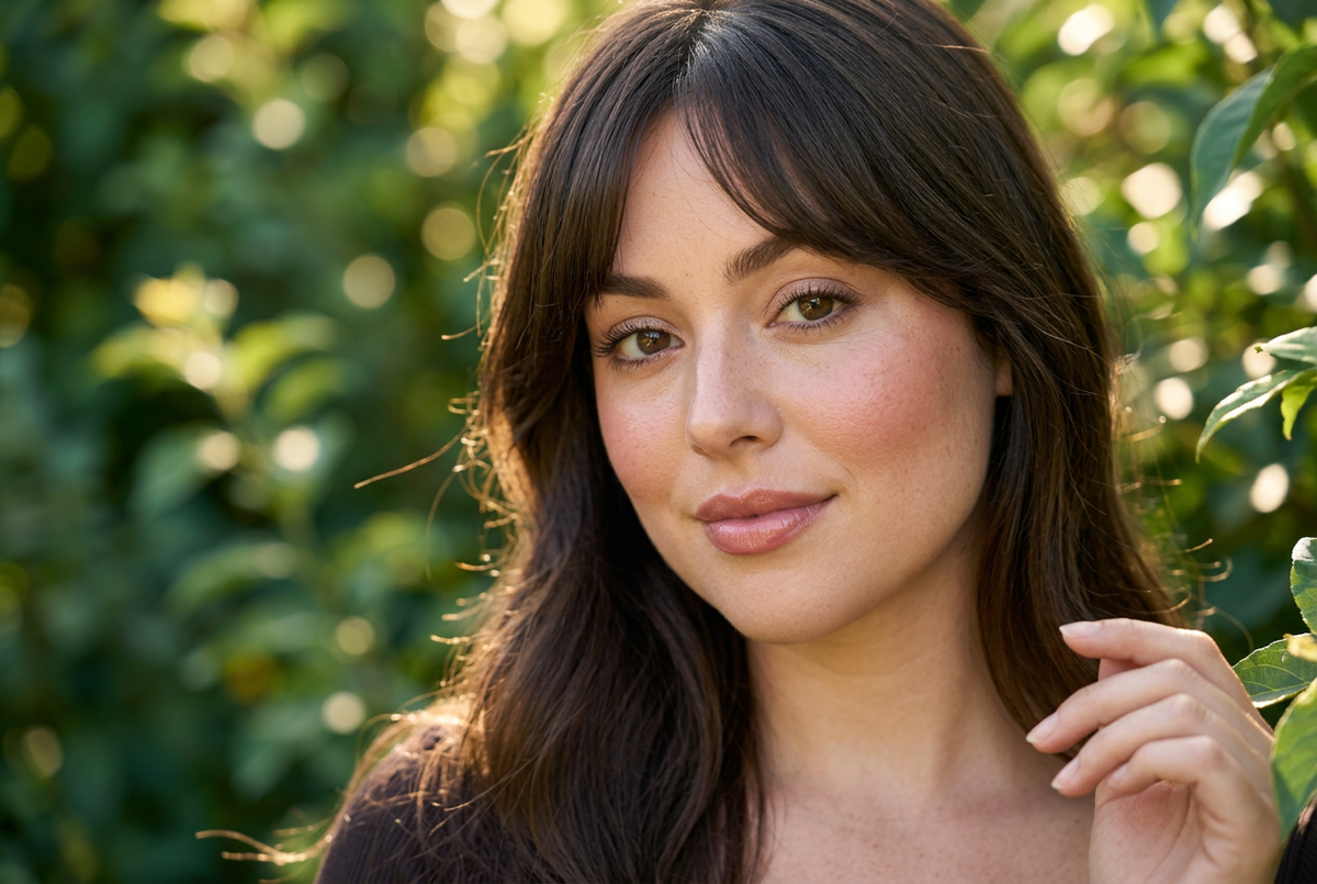 Woman wearing natural everyday makeup with rosy cheeks, defined lashes, and glossy lips.