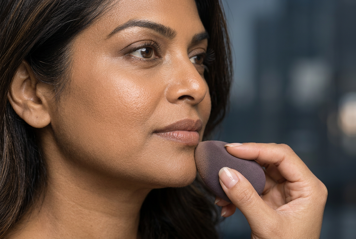 Makeup sponge blending foundation along a woman’s jaw for an even finish.