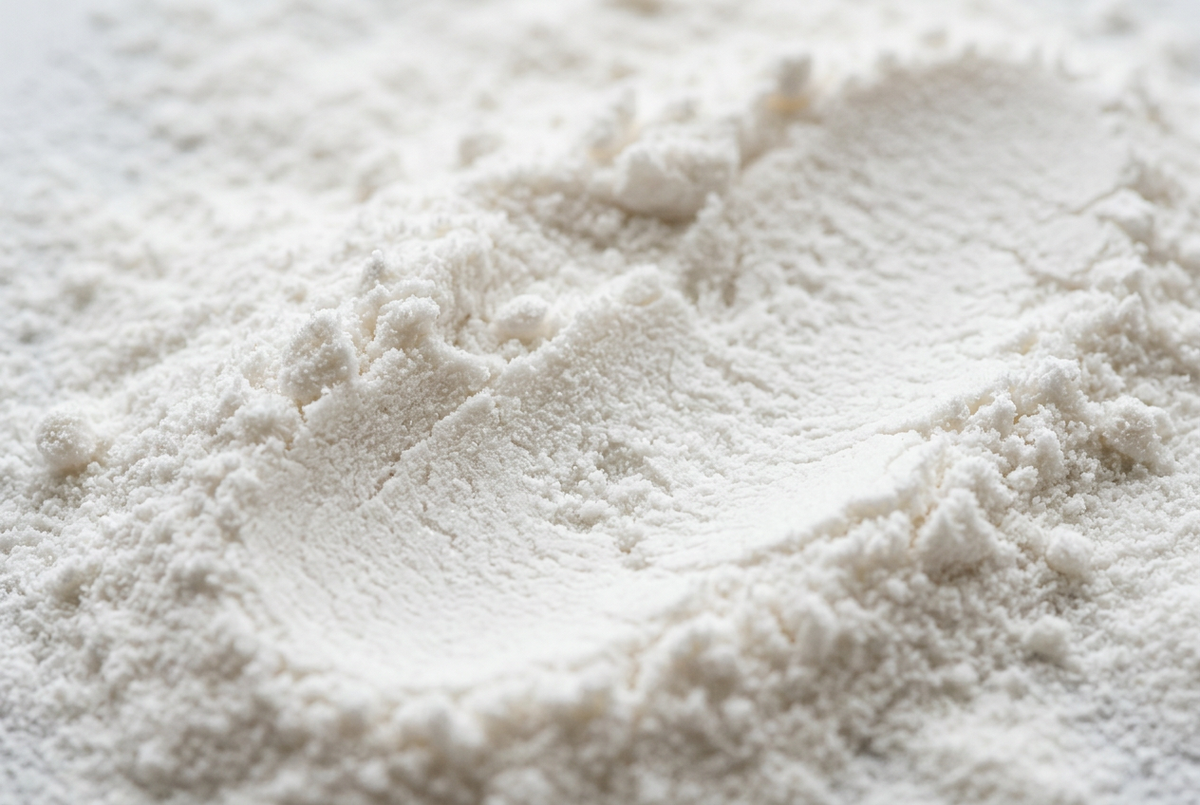 Fine white powder with softly textured ridges, illustrating lactic acid.