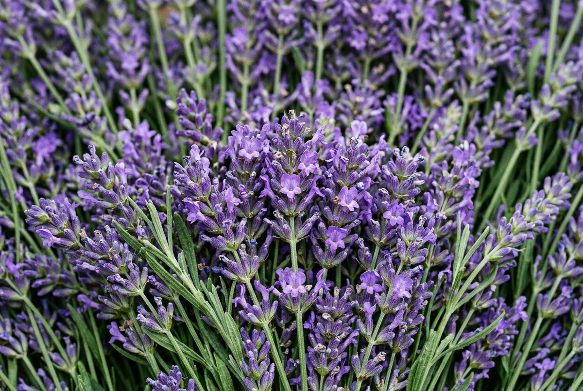 Close-up of purple lavender flower spikes with delicate blossoms.