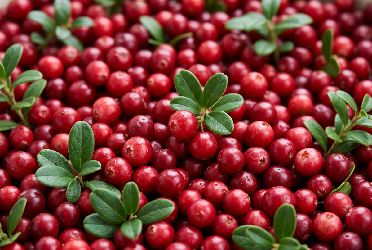  Glossy red lingonberries with small green leaves.