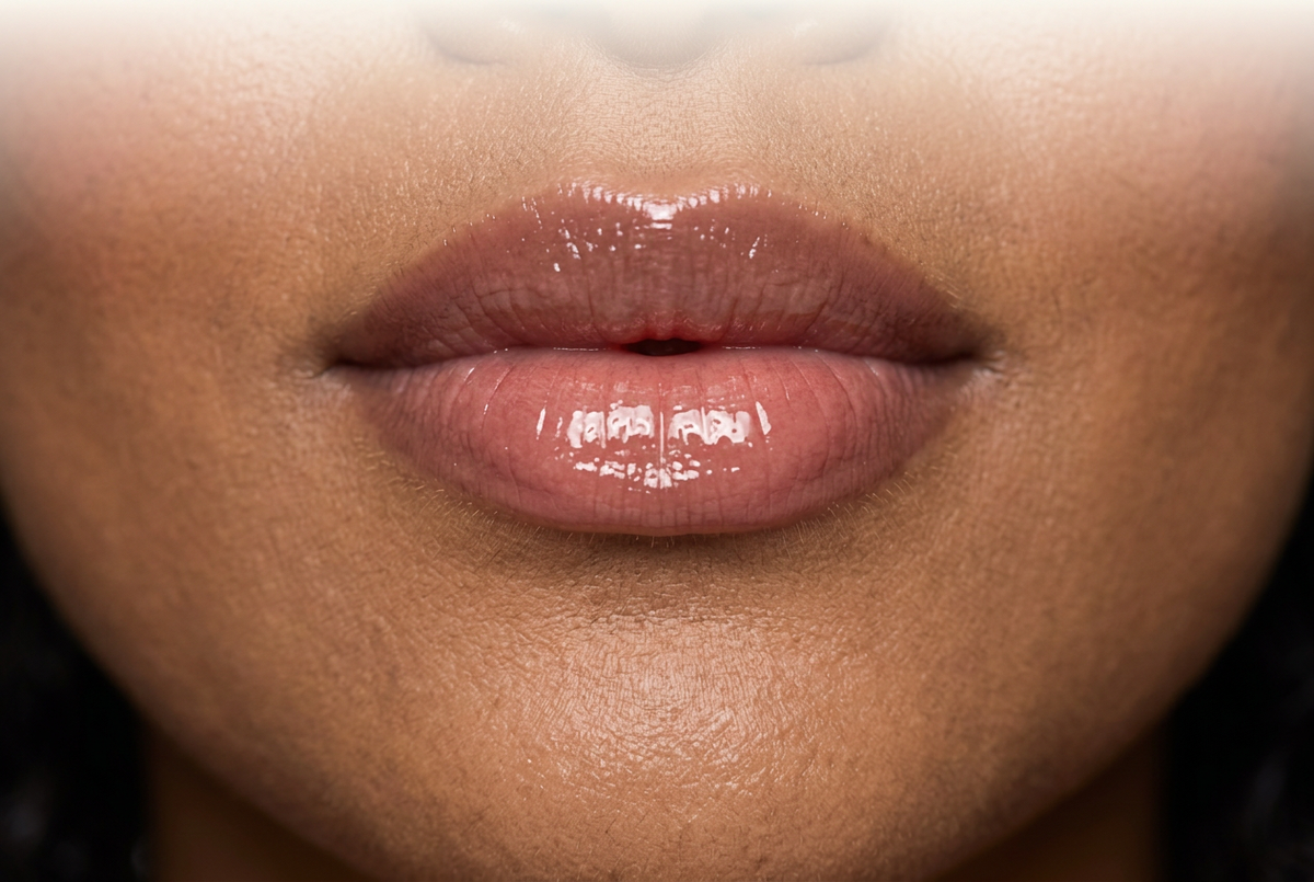 Close-up of lips wearing sheer rosewood lip oil with a luminous glossy finish.