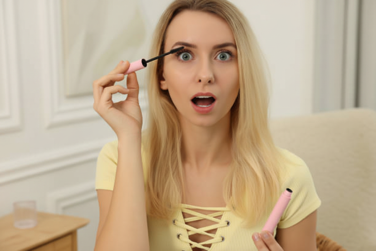 Woman surprised by mascara application