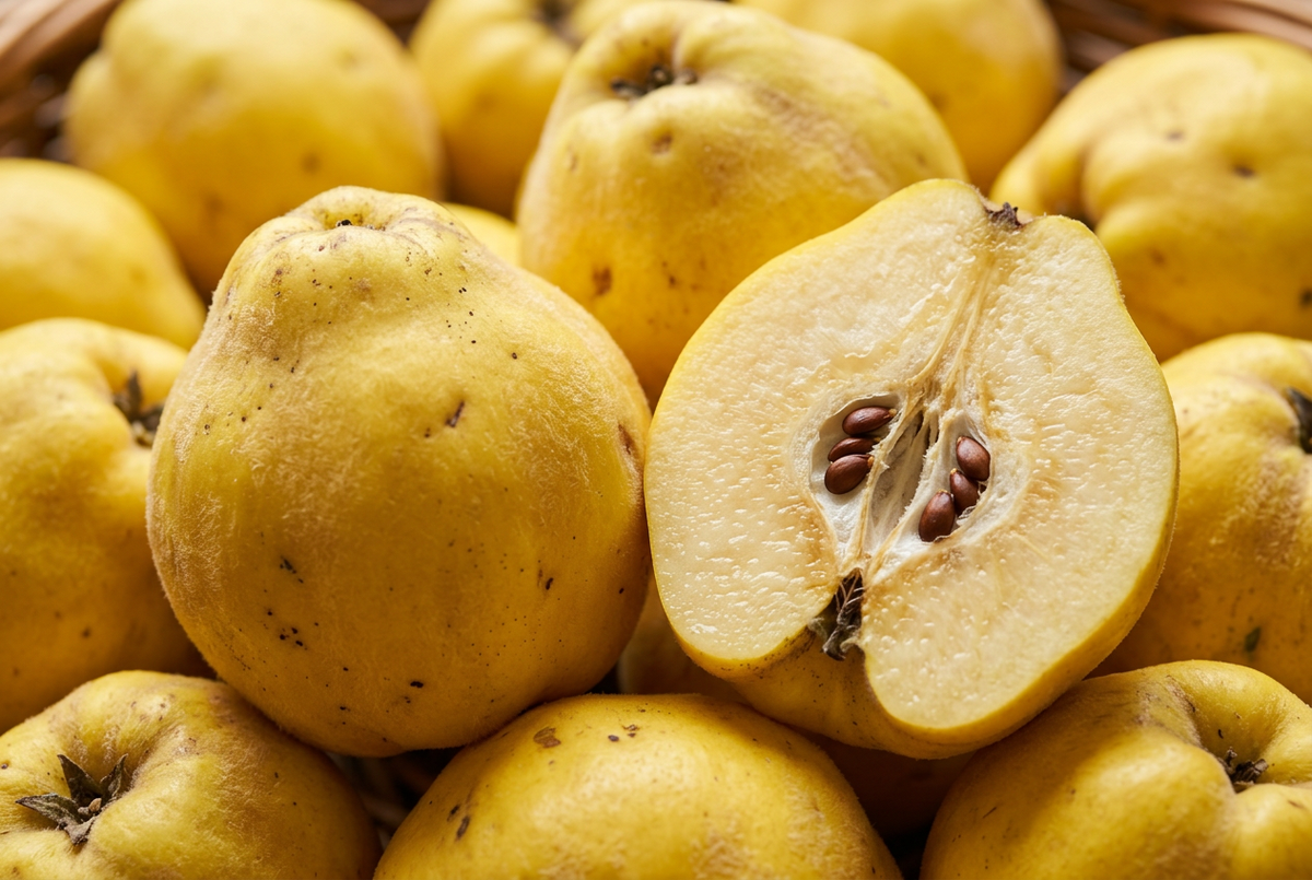 Golden quince fruit with a cut half revealing pale flesh and brown seeds.