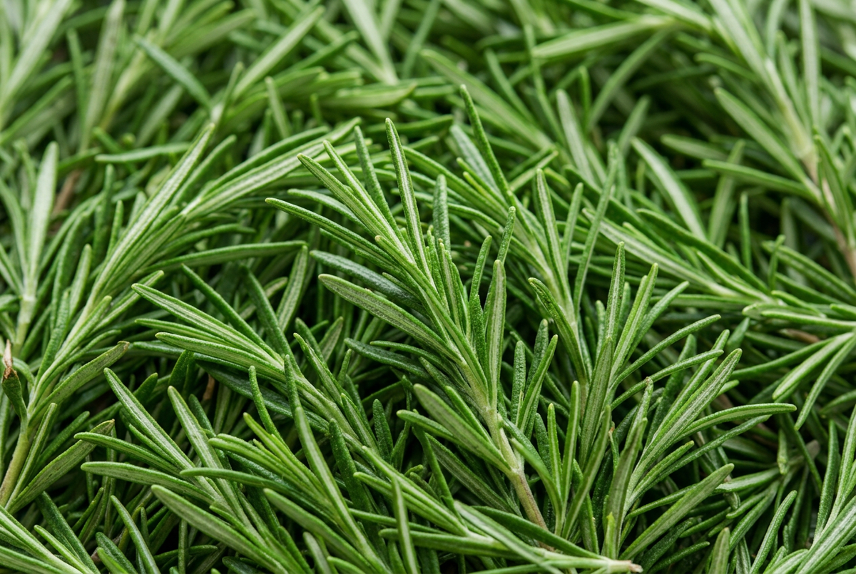  Fresh rosemary sprigs with slender green leaves.