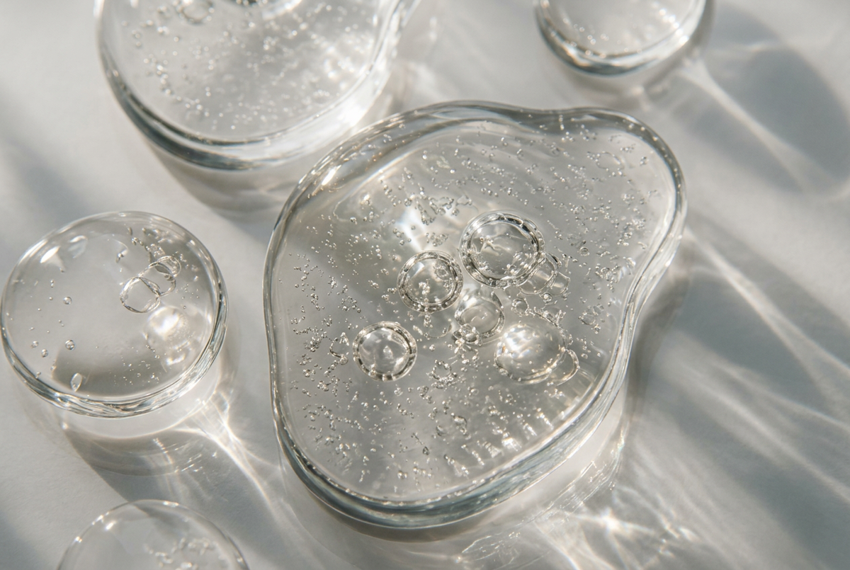 Close-up of clear gel swatches with air bubbles and soft light reflections.