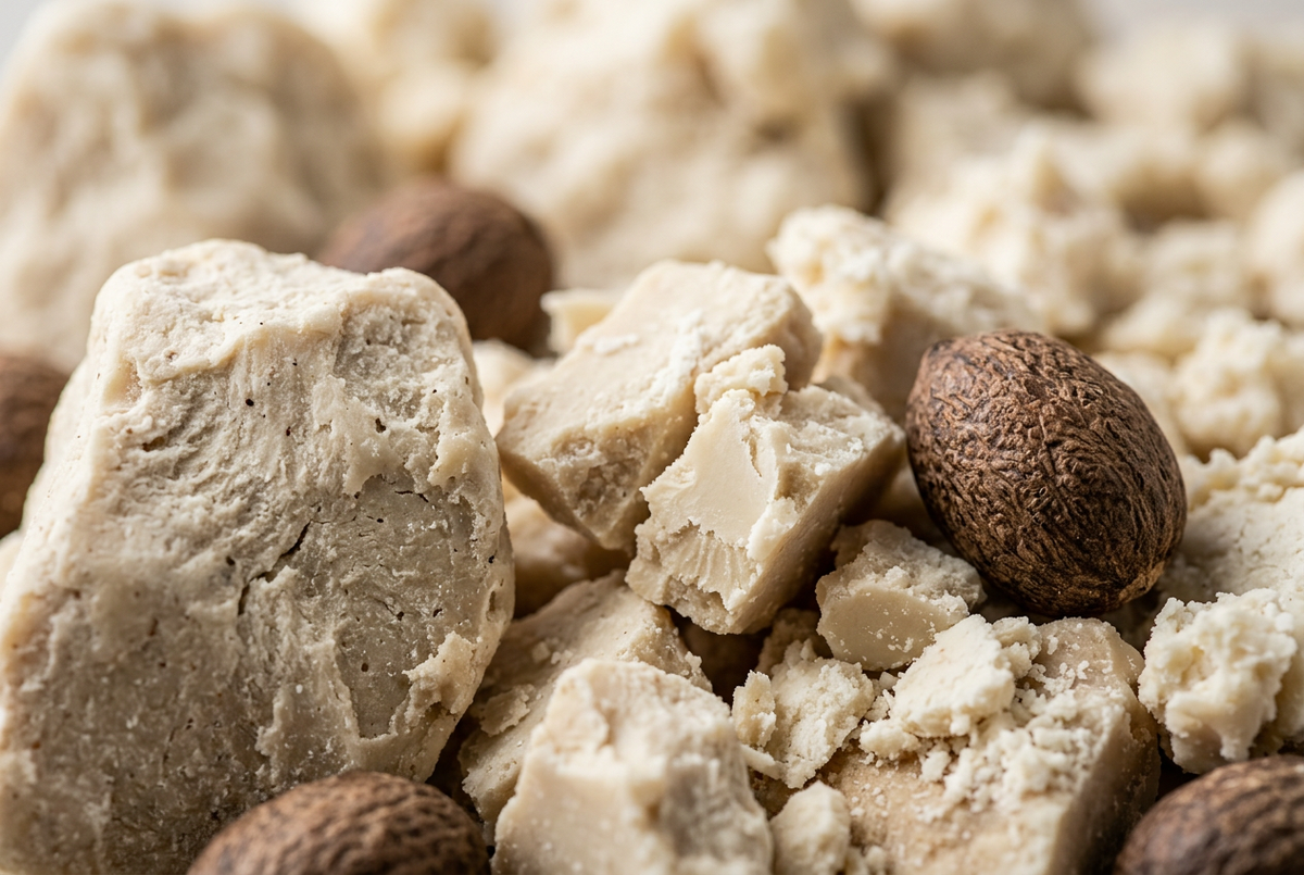 Ivory shea butter chunks with brown shea nuts.