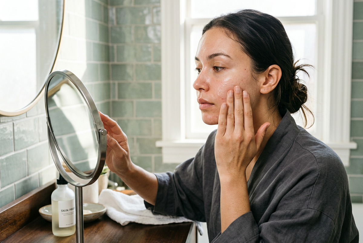 Woman massaging moisturizer into her cheek beside a sunlit mirror.