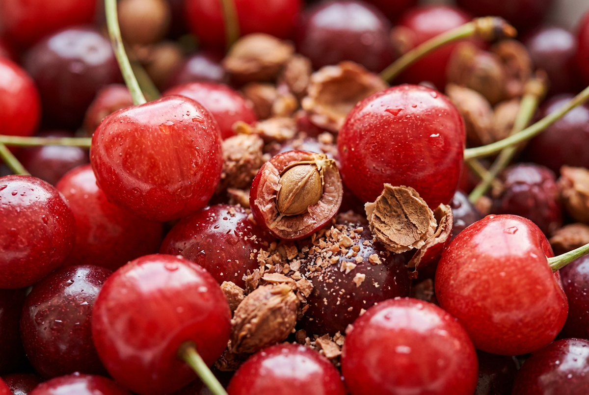  Red sour cherries with exposed pits and crushed shell granules.