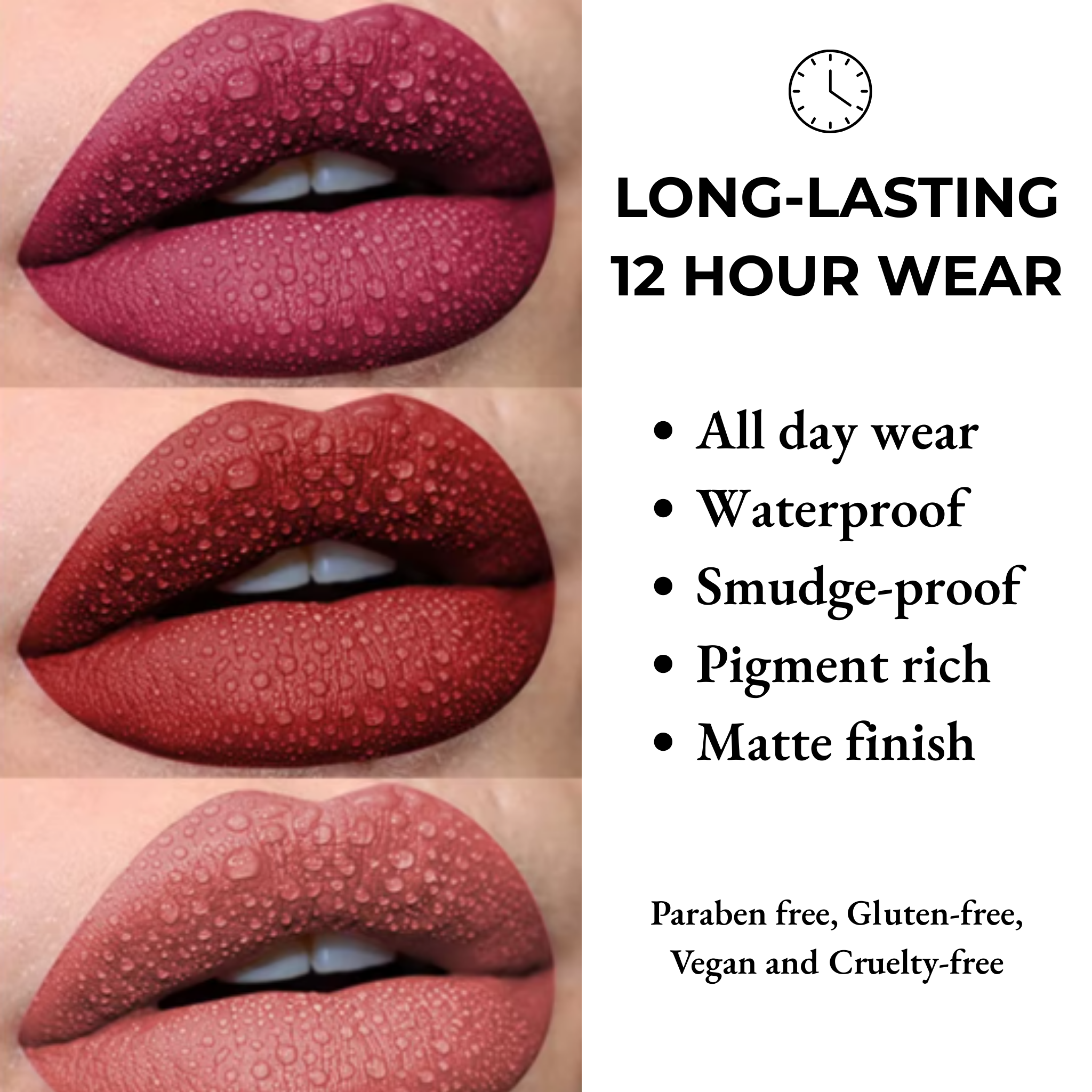 Lips with lipsticks in different shades and text highlighting features of the lipsticks.