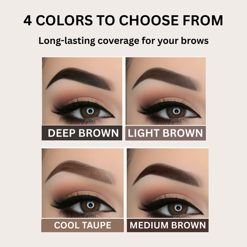 Brow product color swatches with 'Deep Brown', 'Light Brown', 'Cool Taupe', and 'Medium Brown' labels on a beige background.
