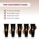 Five black cosmetic tubes with different shades on a beige background, promoting inclusivity and variety.
