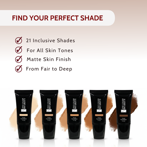 Five black cosmetic tubes with different shades on a beige background, promoting inclusivity and variety.