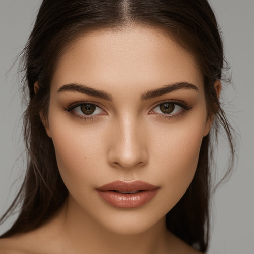 Close-up of a woman with neutral makeup on a gray background