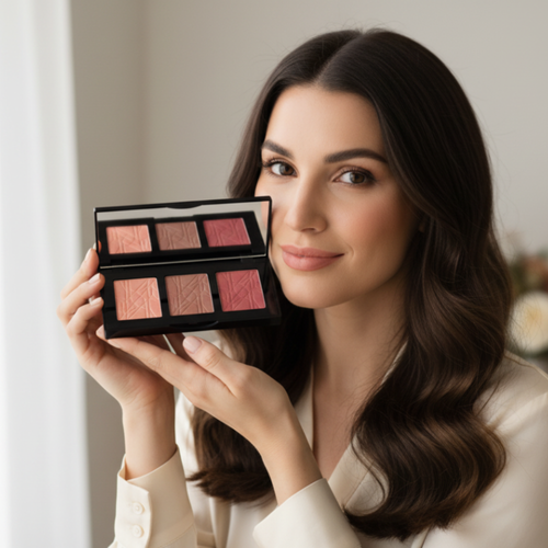 Woman holding a makeup palette with pink shades