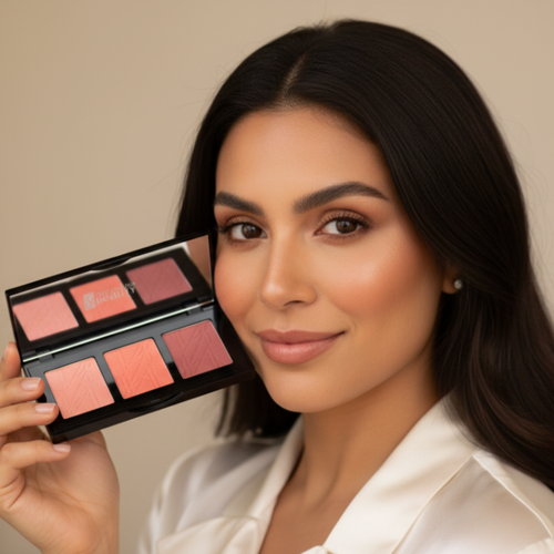 Woman holding a makeup palette with pink shades against a neutral background