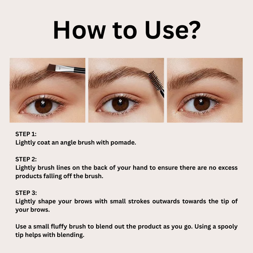 Instructions on how to use eyebrow product with step-by-step guide and close-up images.
